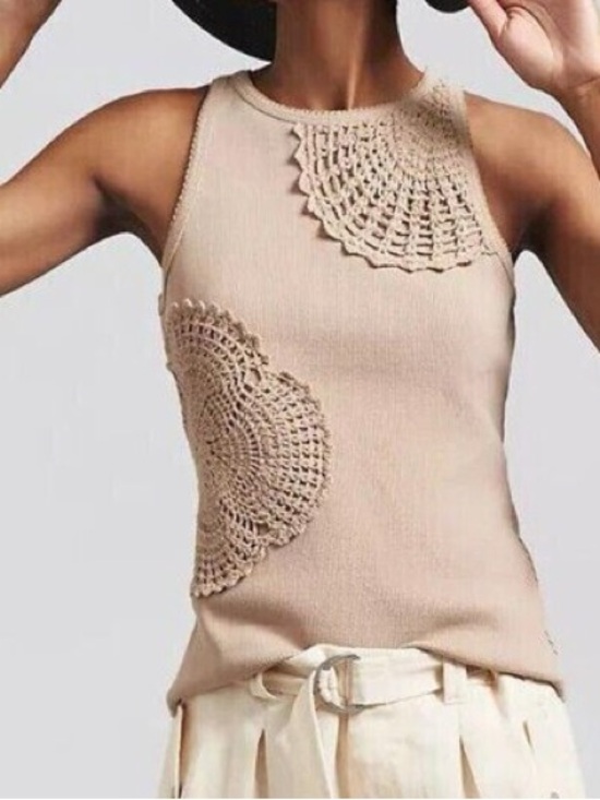 Anthropologie Tops - Anthropologie Crochet Appliqué Ribbed Neutral Beige Boho Sleeveless Tank Top